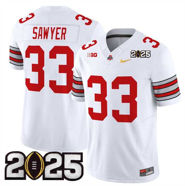 Mens Ohio State Buckeyes #33 Jack Sawyer White Gold 2025 CFP Final Patch F.U.S.E. Vapor Limited Stitched Football Jersey